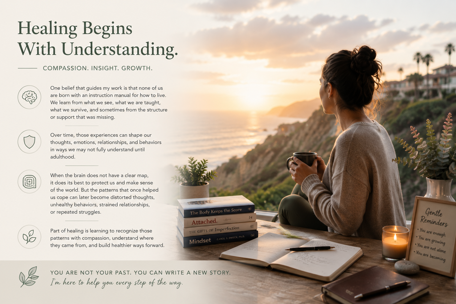 Healing begins with understanding. Compassion, insight, and growth. A reflective coastal scene about recognizing learned patterns and building healthier ways forward.