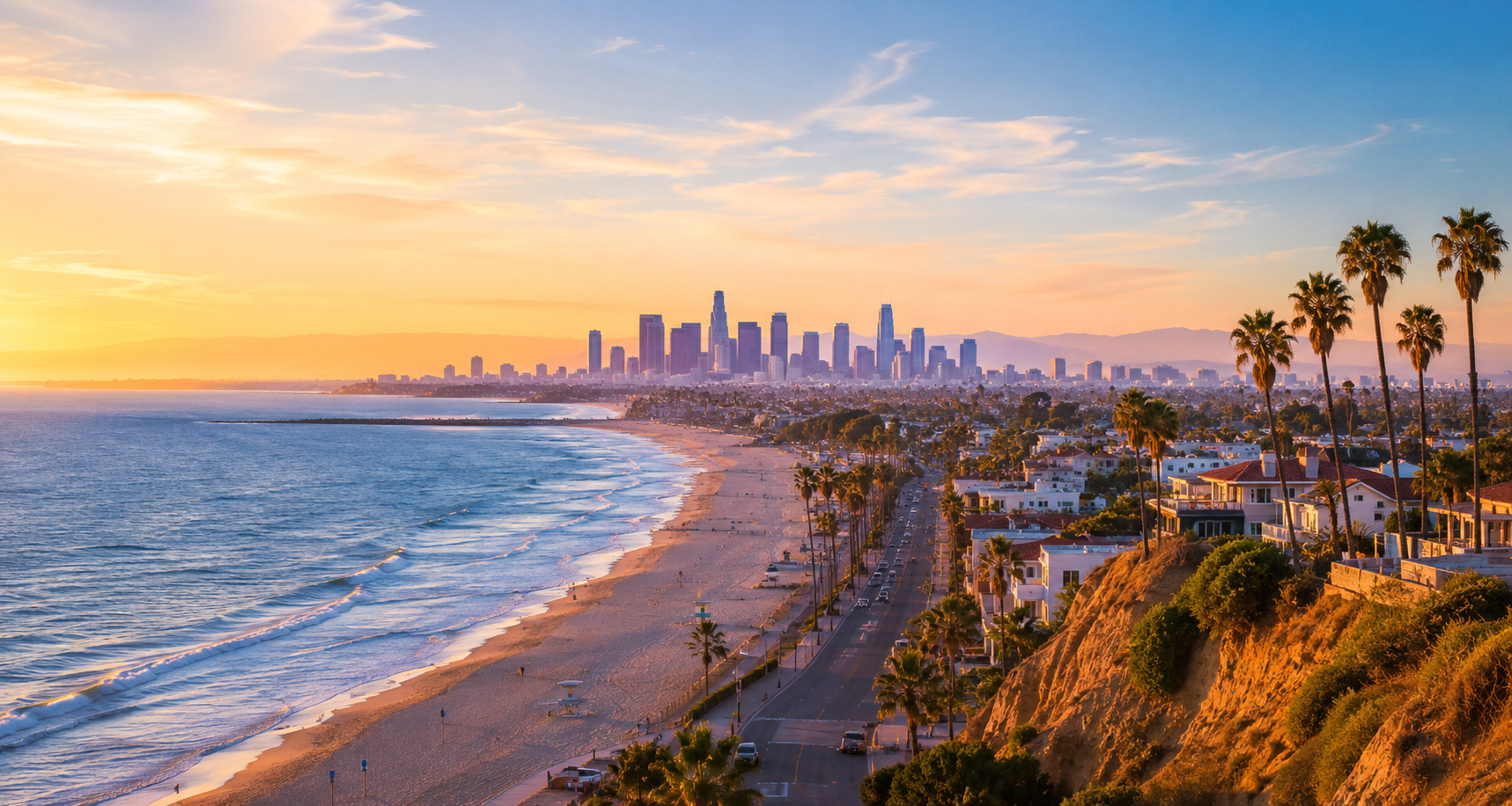 Southern California coastline with ocean, palm trees, and city skyline at sunset